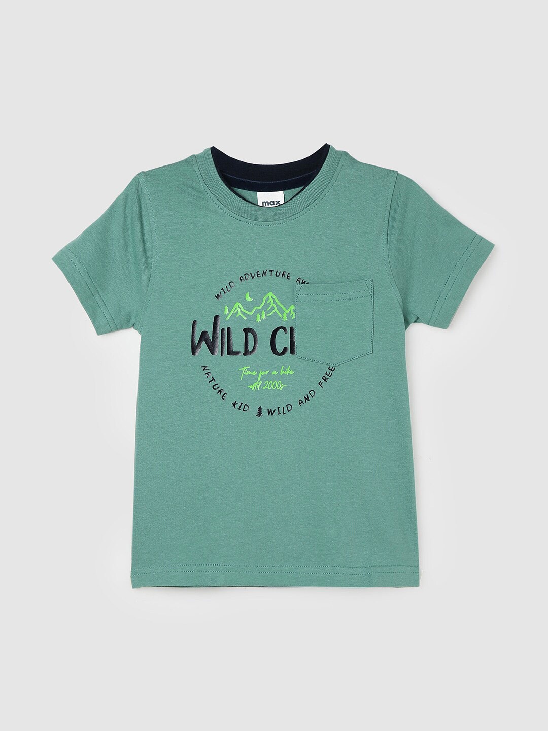 

max Boys Typography Printed Pure Cotton T-shirt, Green