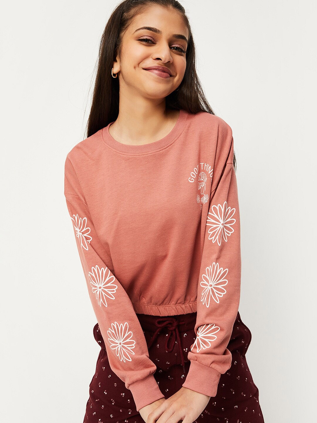 

max Girls Graphic Printed Long Sleeves Pure Cotton T-shirt, Pink
