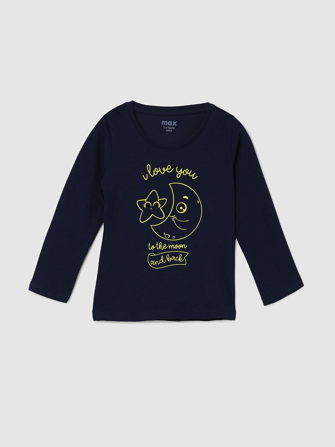 

max Girls Navy Typography Printed Pure Cotton T-shirt, Navy blue