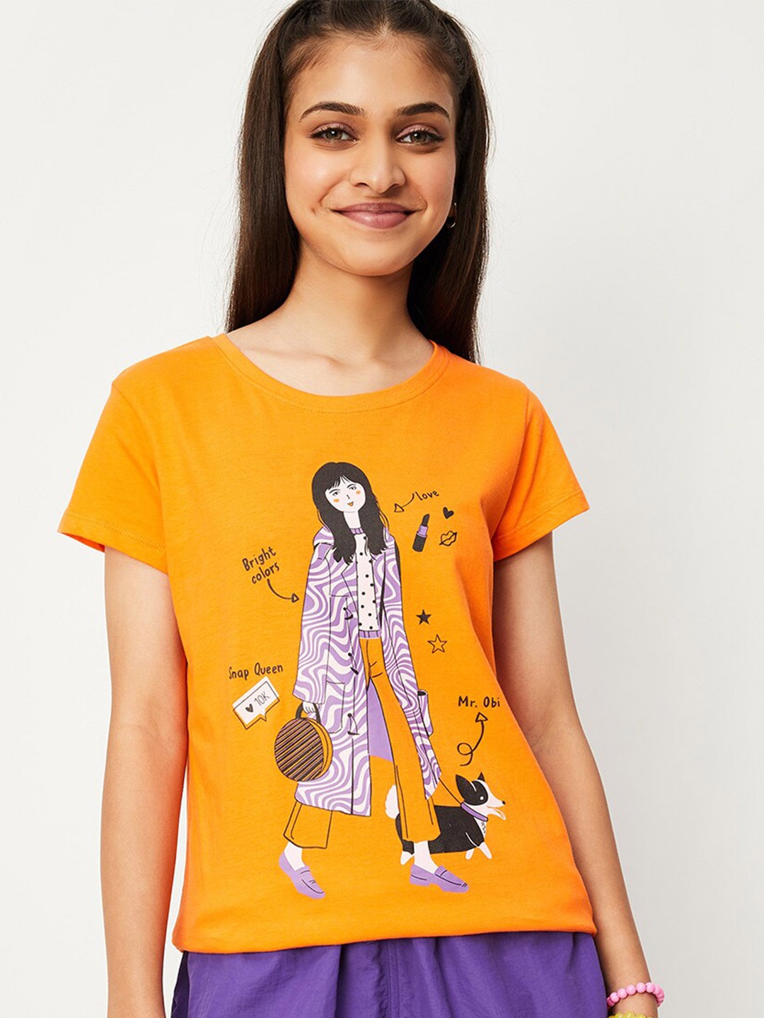 

max Girls Graphic Printed Pure Cotton T-shirt, Orange