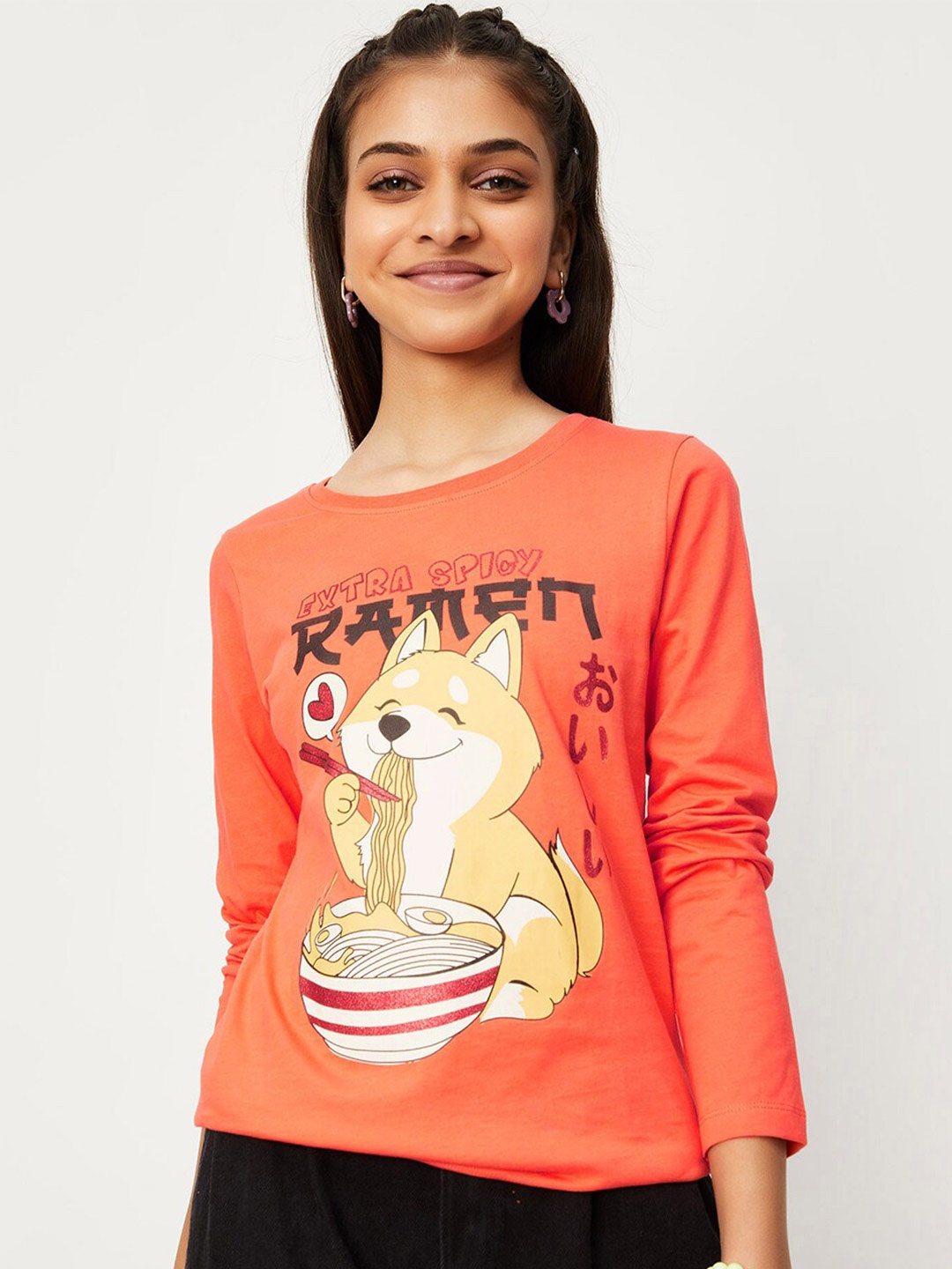 

max Girls Graphic Printed Pure Cotton T-shirt, Orange