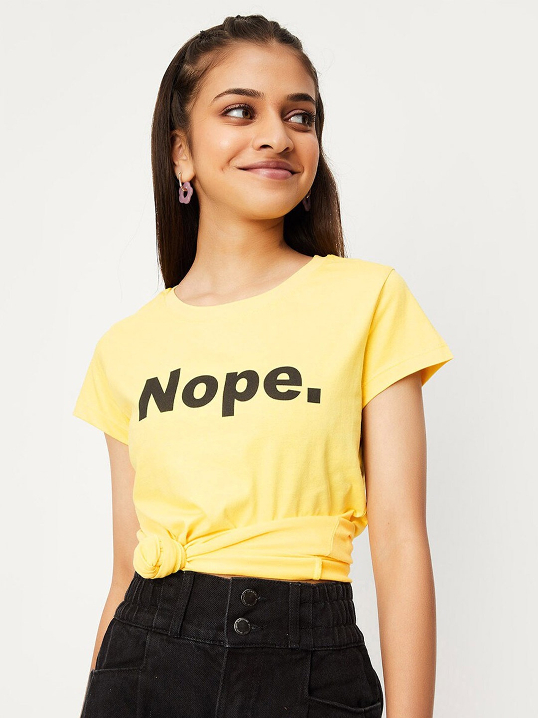 

max Girls Typography Printed Cotton T-shirt, Yellow
