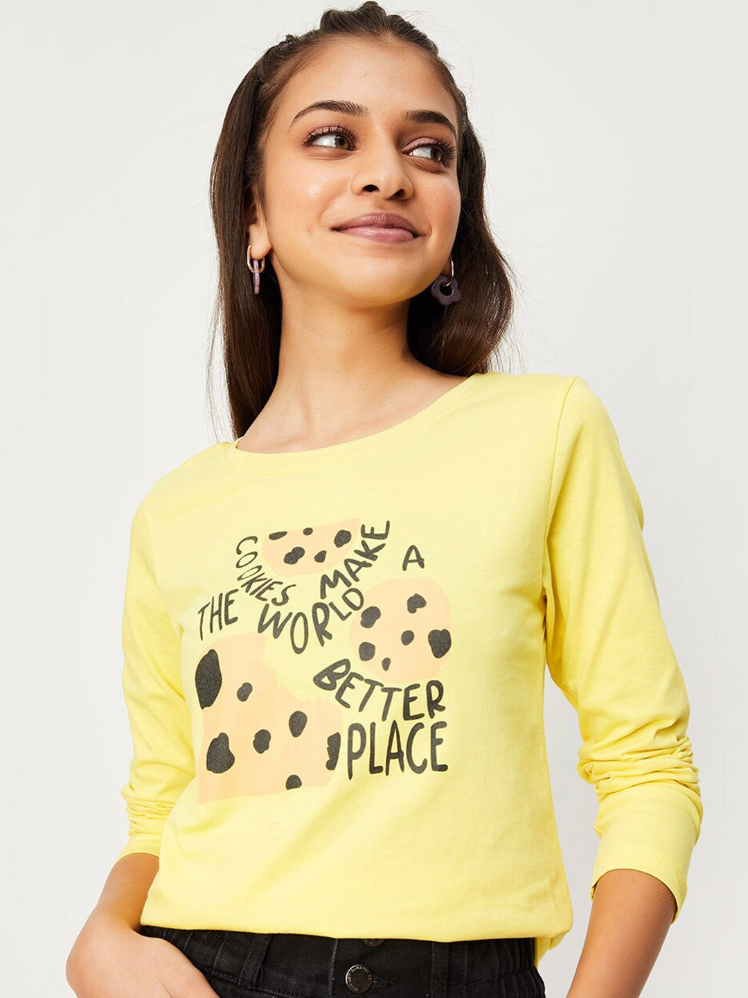 

max Girls Typography Printed Pure Cotton T-shirt, Yellow