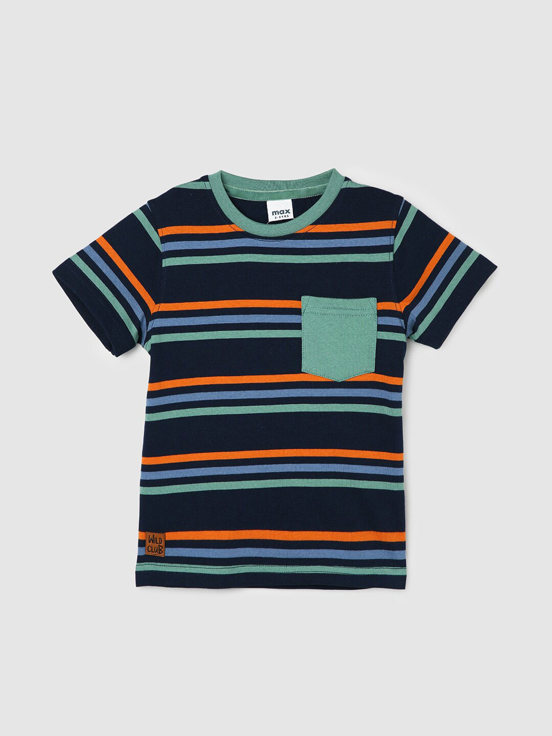 

max Boys Striped Cotton Round Neck T-shirt, Navy blue