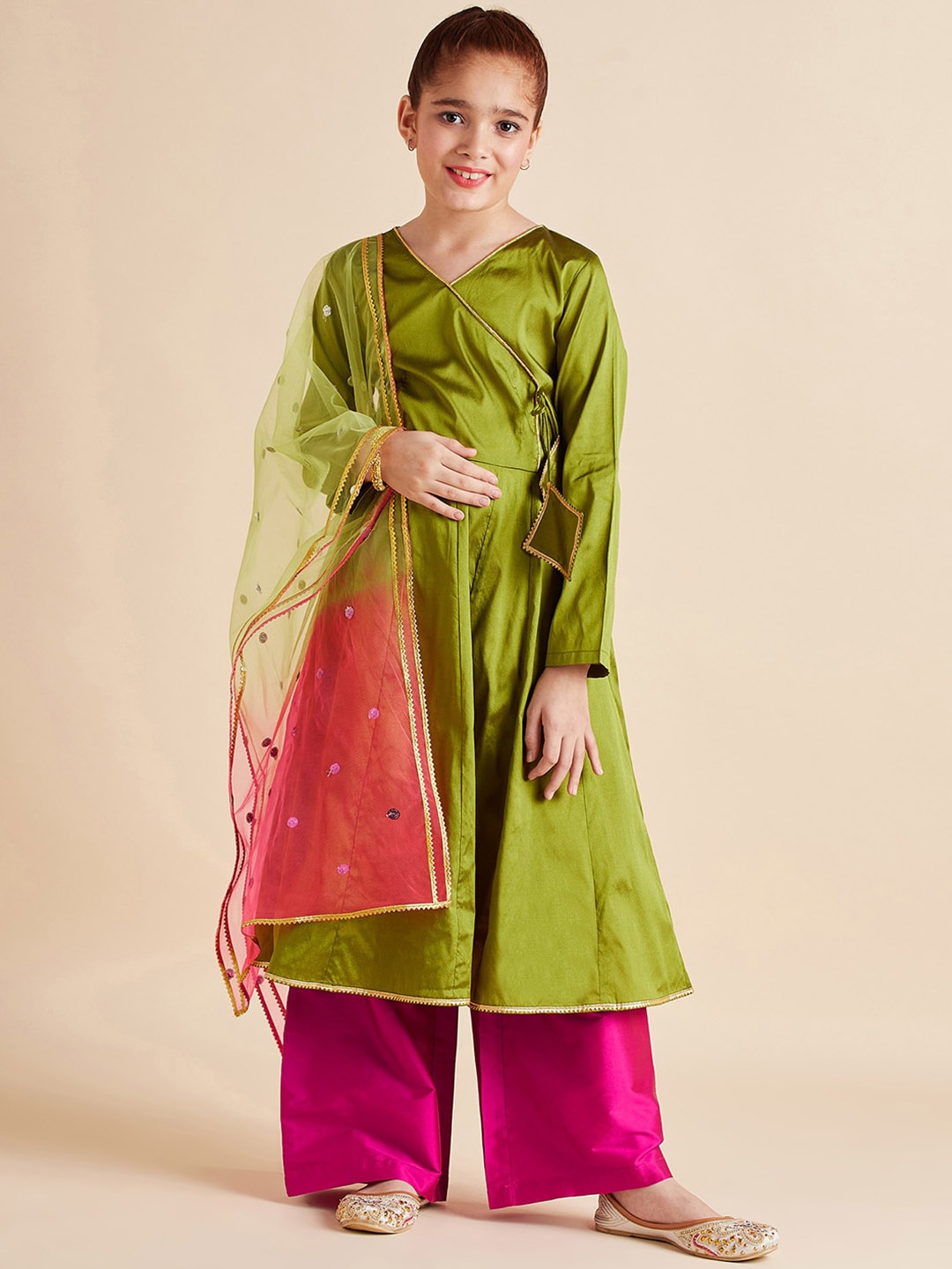 

Cherry & Jerry Girls Angrakha Sequinned Kurta With Trousers & Dupatta, Green