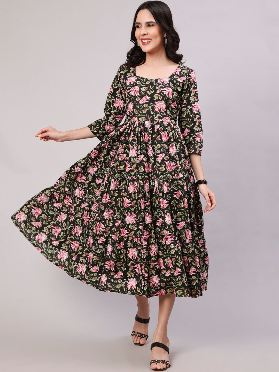

THE NKS PLUS Floral Printed Square Neck Cotton Fit & Flare Midi Ethnic Dresses, Black