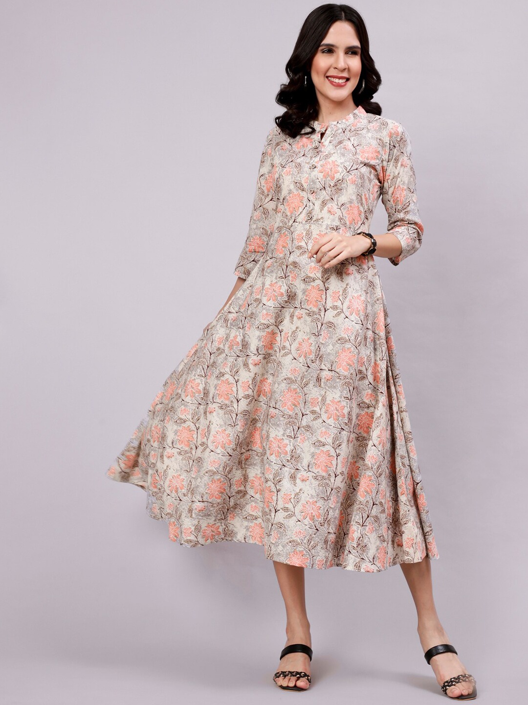 

THE NKS PLUS Floral Printed Mandarin Collar Fit&flare Cotton Midi Dress, Cream