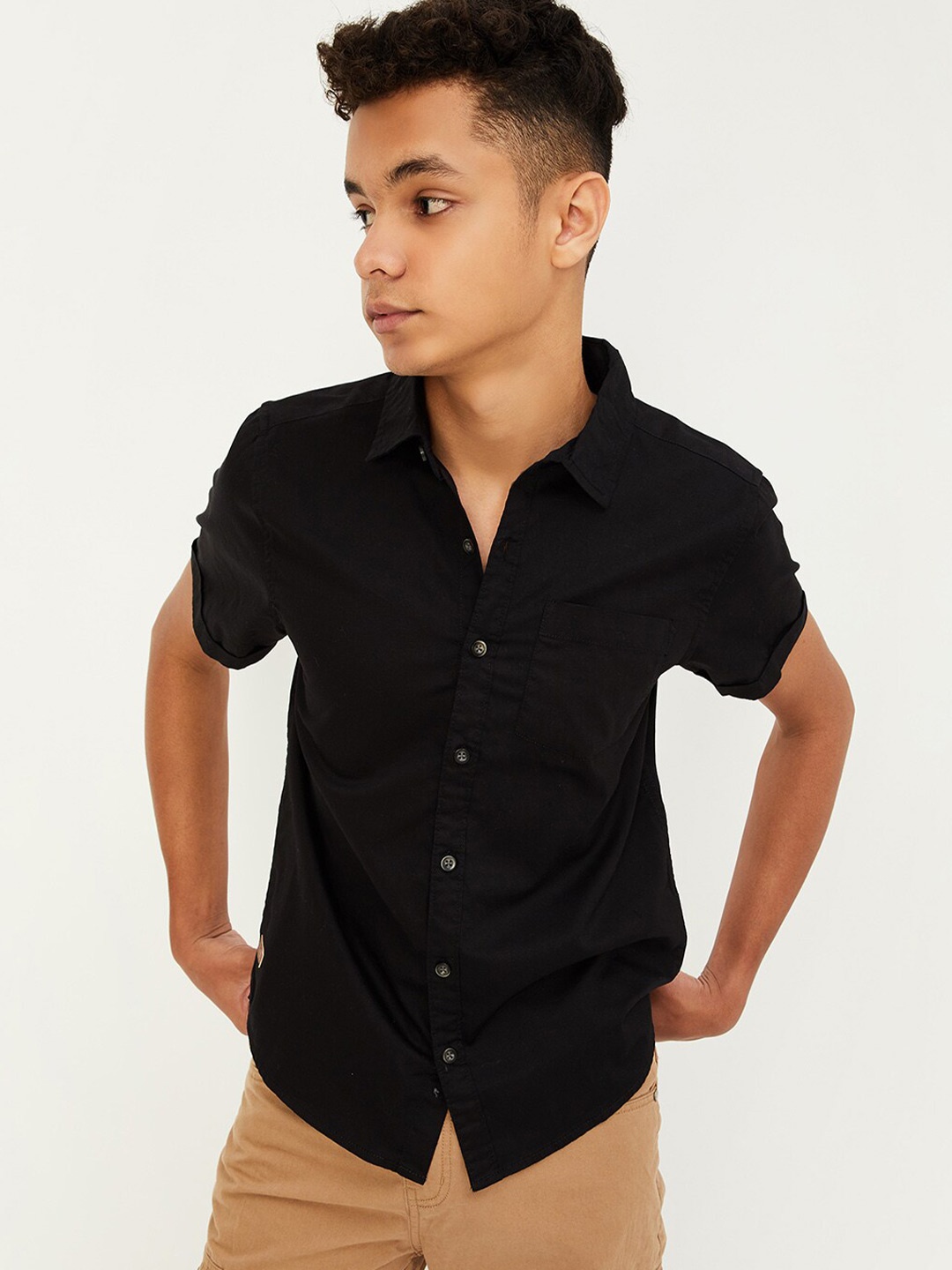 

max Boys Spread Collar Pure Cotton Casual Shirt, Black