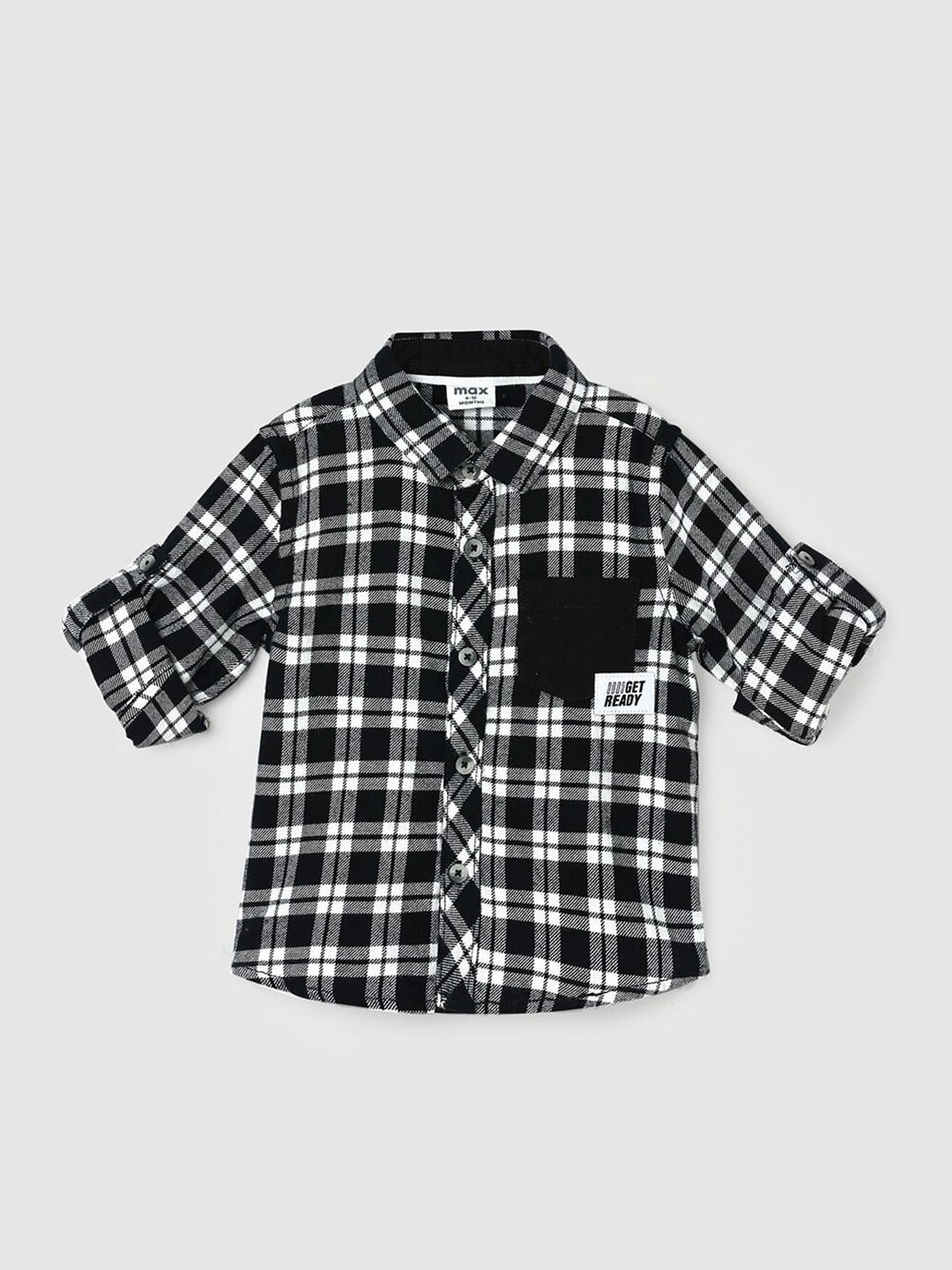 

max Boys Tartan Checks Spread Collar Long Sleeves Cotton Casual Shirt, Black