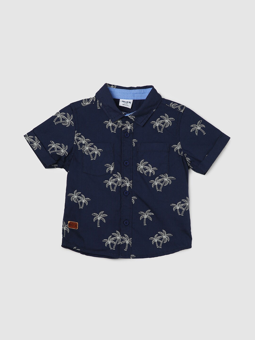 

max Boys Conversational Printed Spread Collar Short Sleeves Cotton Casual Shirt, Navy blue