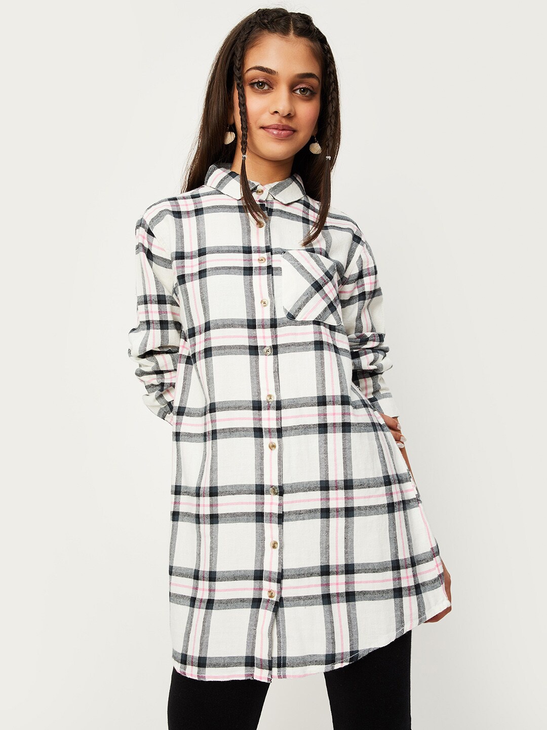 

max Girls Tartan Checked Spread Collar Pure Cotton Longline Casual Shirt, White