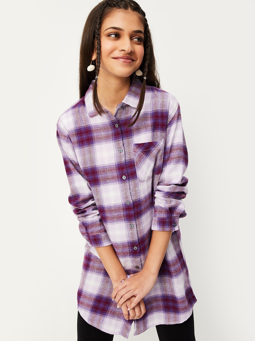 

max Girls Tartan Checks Spread Collar Long Sleeves Cotton Longline Casual Shirt, Purple