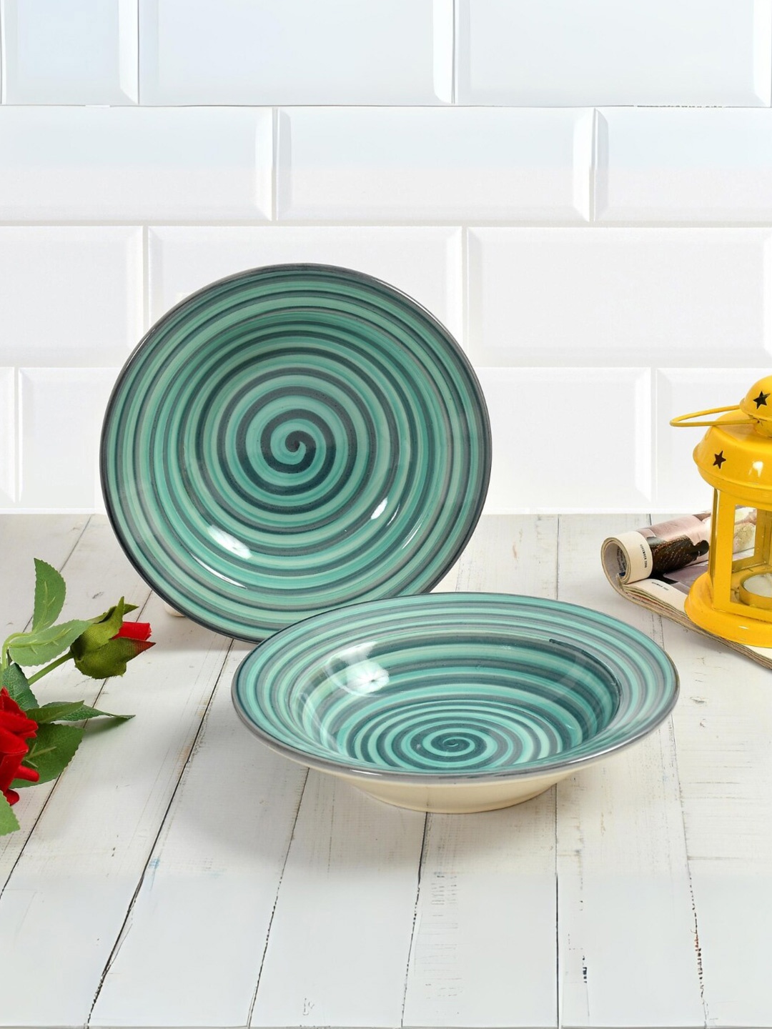 

CLIO'S HERITAGE STORE 2 Pieces Green Textured Ceramic Matte Pasta Plates