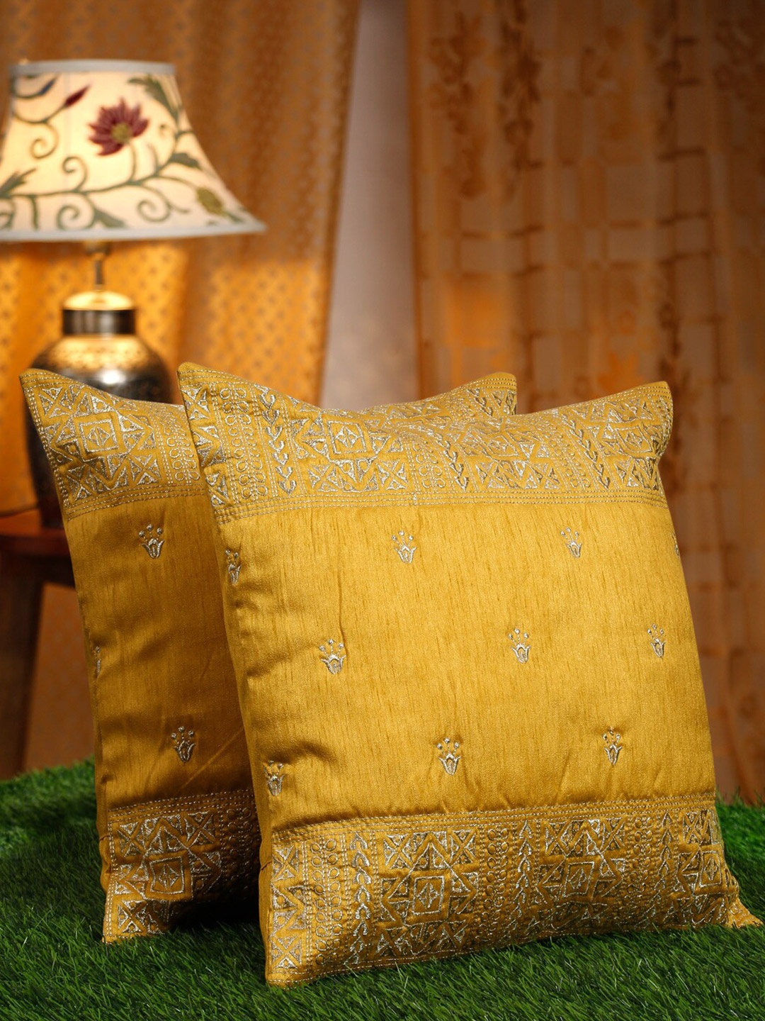 

HOSTA HOMES Yellow 2 Pieces Ethnic Motifs Silk Square Cushion Covers