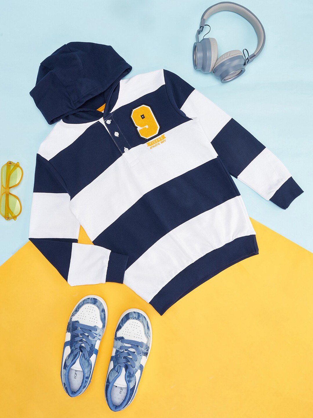 

Pantaloons Junior Boys Striped Hooded Cotton Pullover, Navy blue