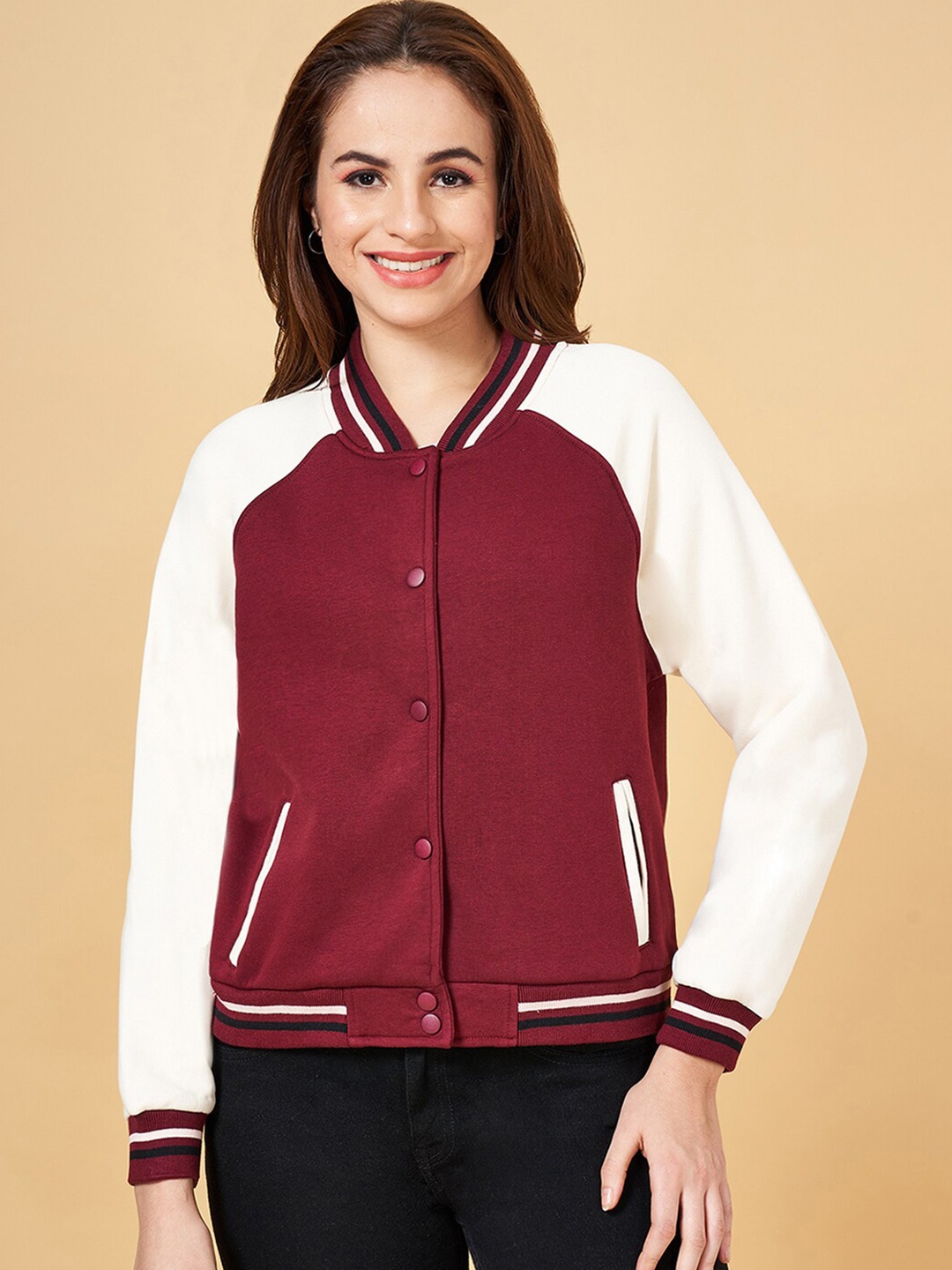 

People Colourblocked Mock Collar Front Open Sweatshirt, Red