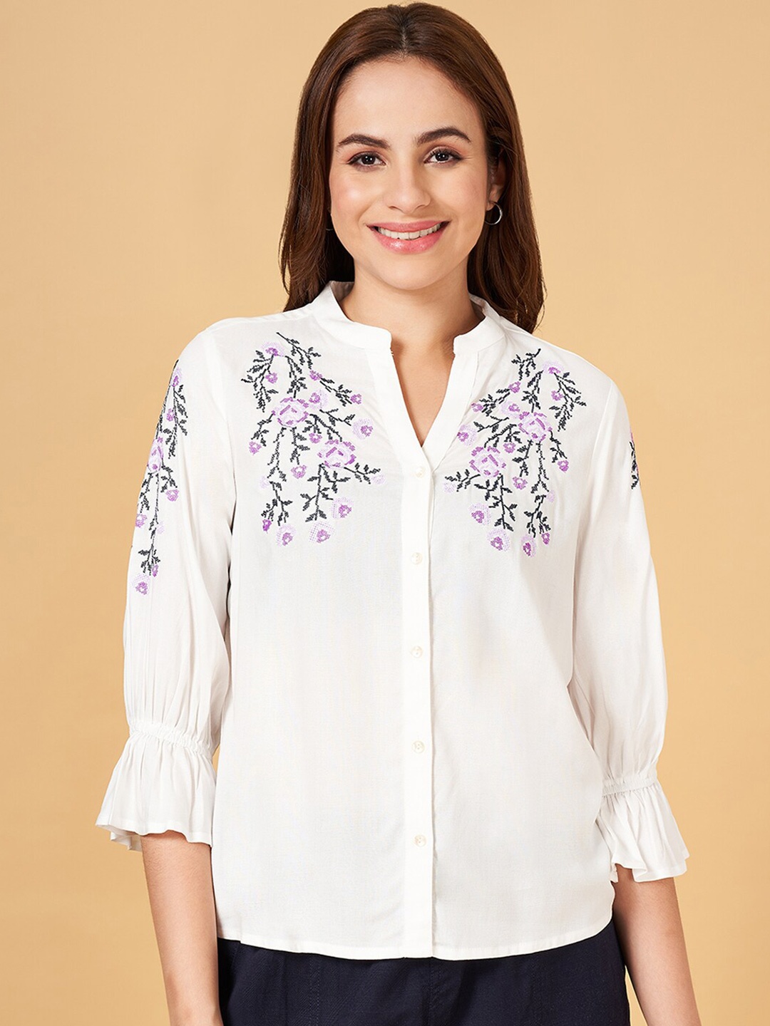 

Honey by Pantaloons Floral Printed Mandarin Collar Bell Sleeves Shirt Style Top, White