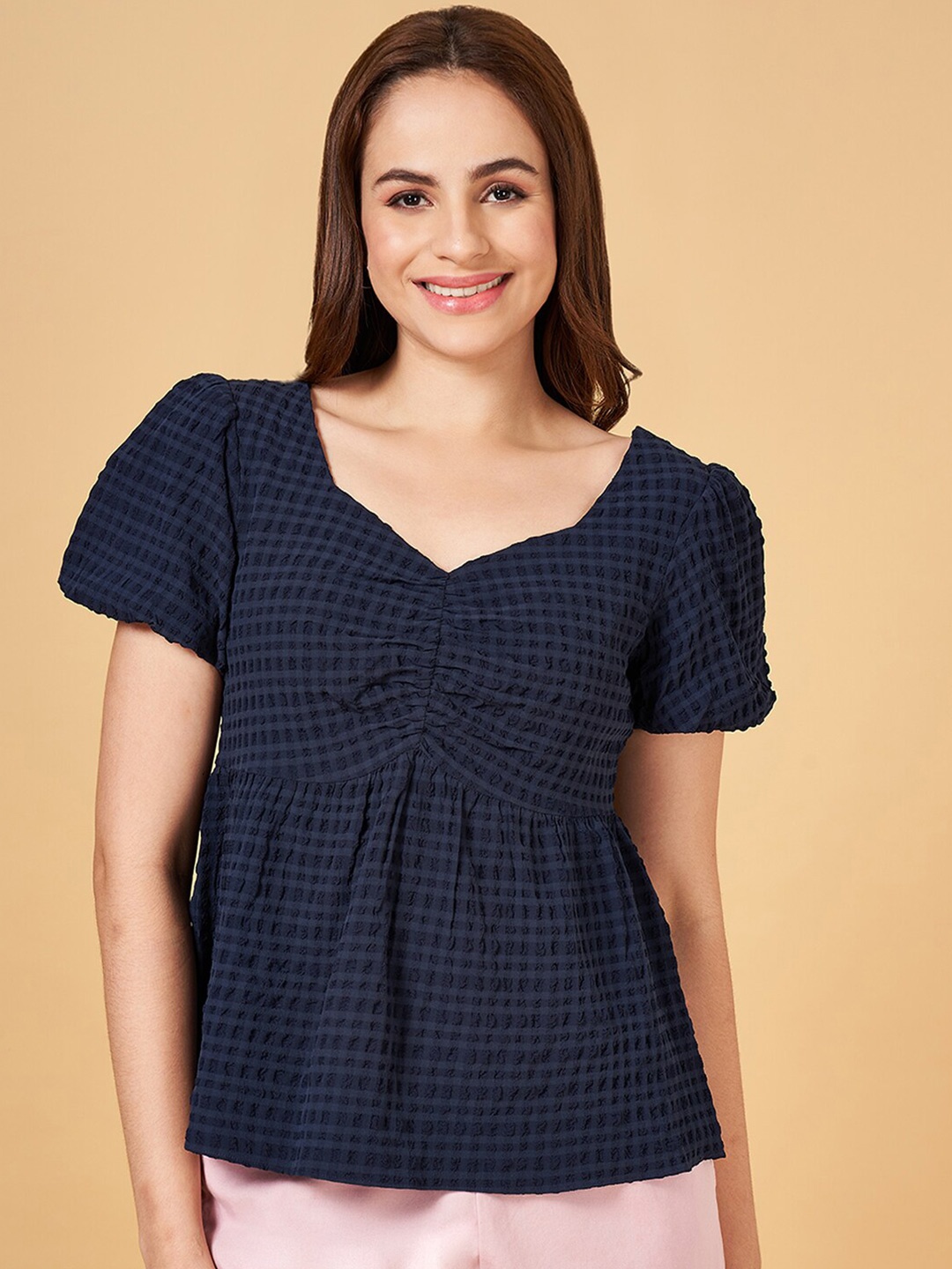 

Honey by Pantaloons Checked Sweetheart Neck Puff Sleeve Smocked Empire Top, Navy blue