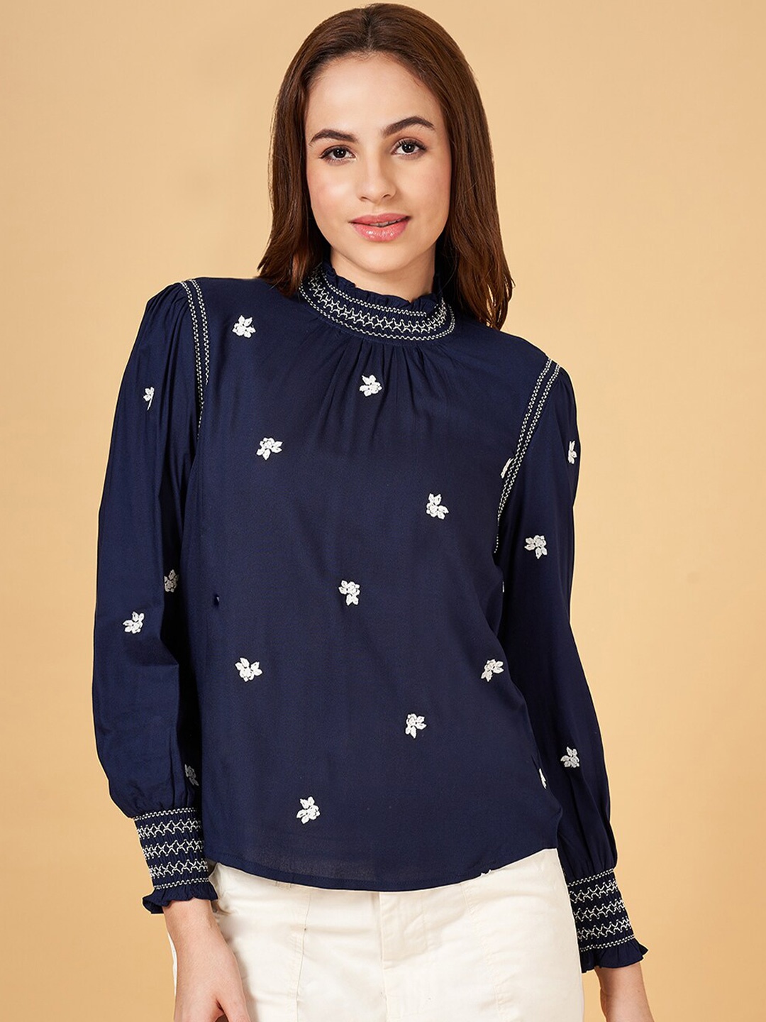 

Honey by Pantaloons Floral Embroidered High Neck Puff Sleeves Gathered Detailed Top, Navy blue