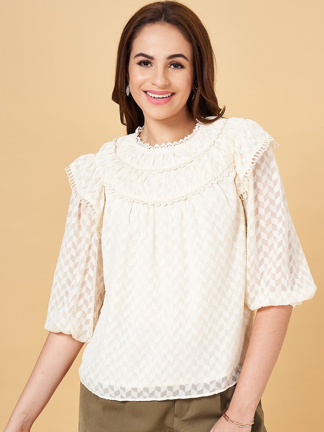 

Honey by Pantaloons Self Design Puff Sleeves Lace Inserts Top, Off white