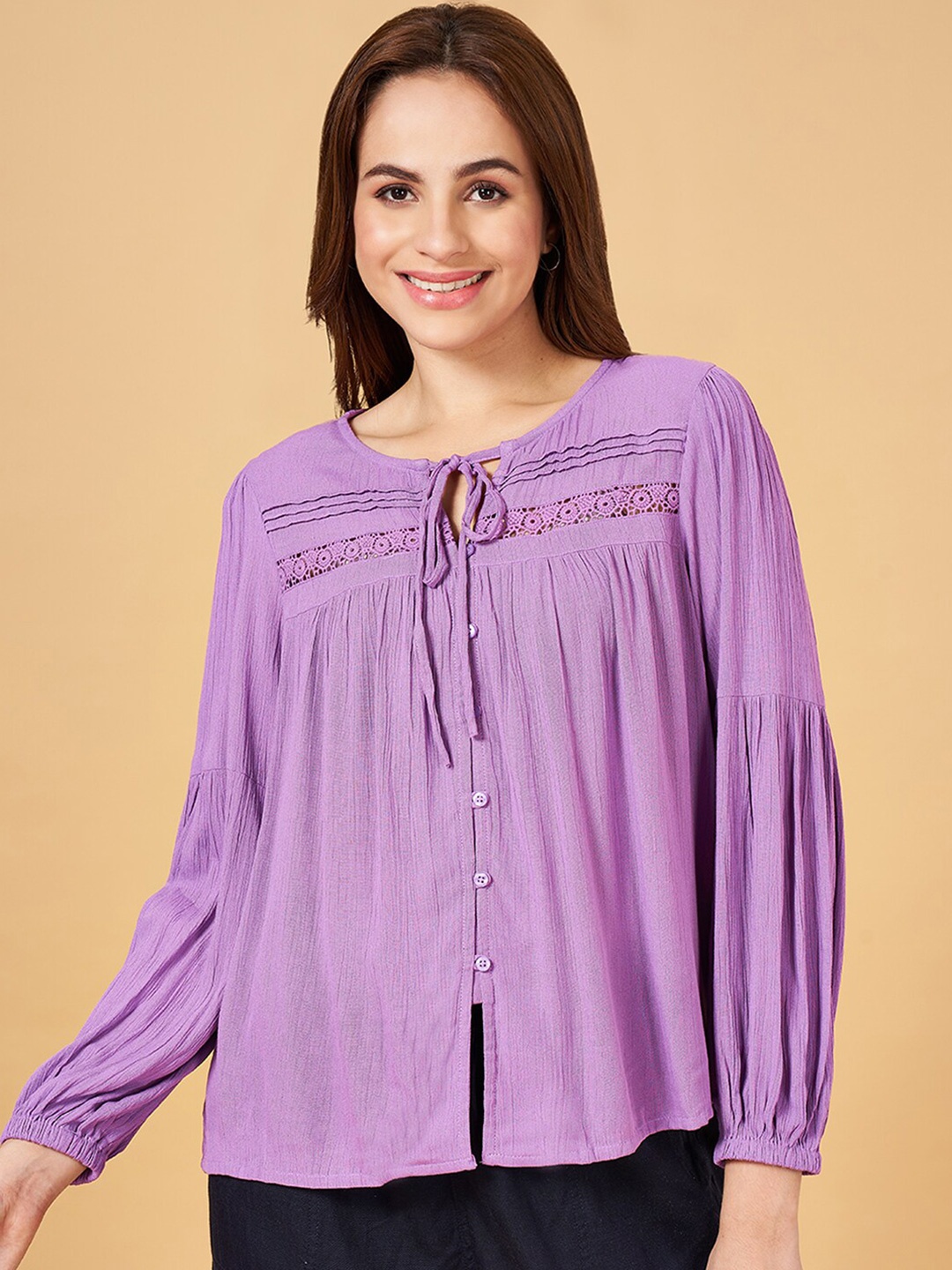 

Honey by Pantaloons Tie-Up Neck Puff Sleeves Lace Inserts Top, Purple