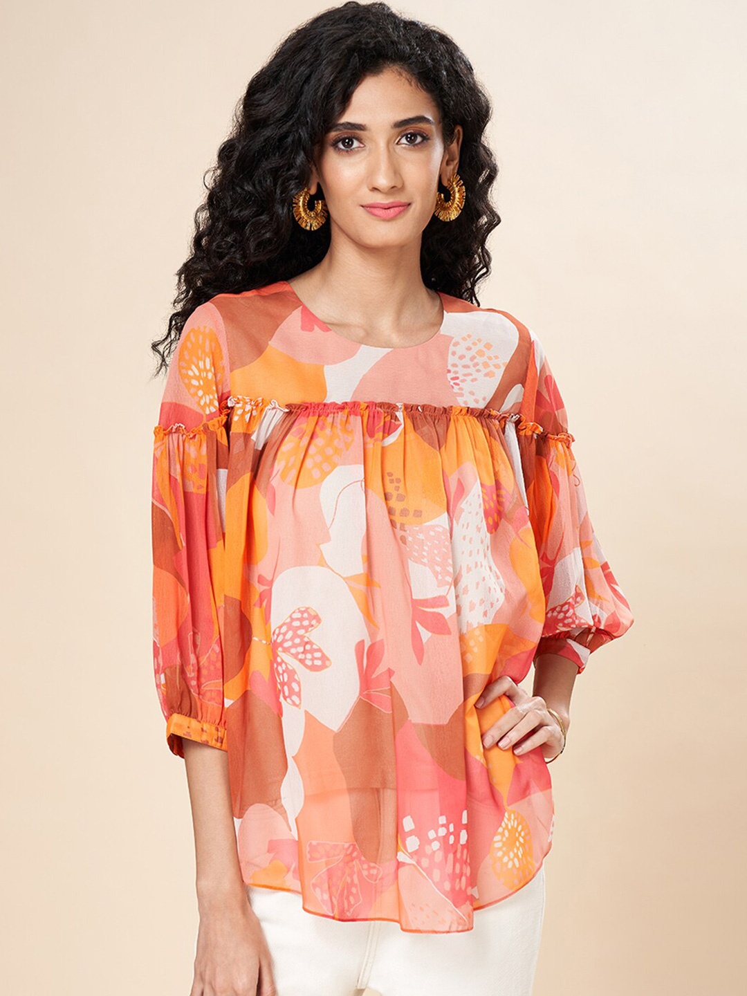 

Marigold Lane Floral Printed Cuffed Sleeves Georgette Pleated A-Line Top, Yellow