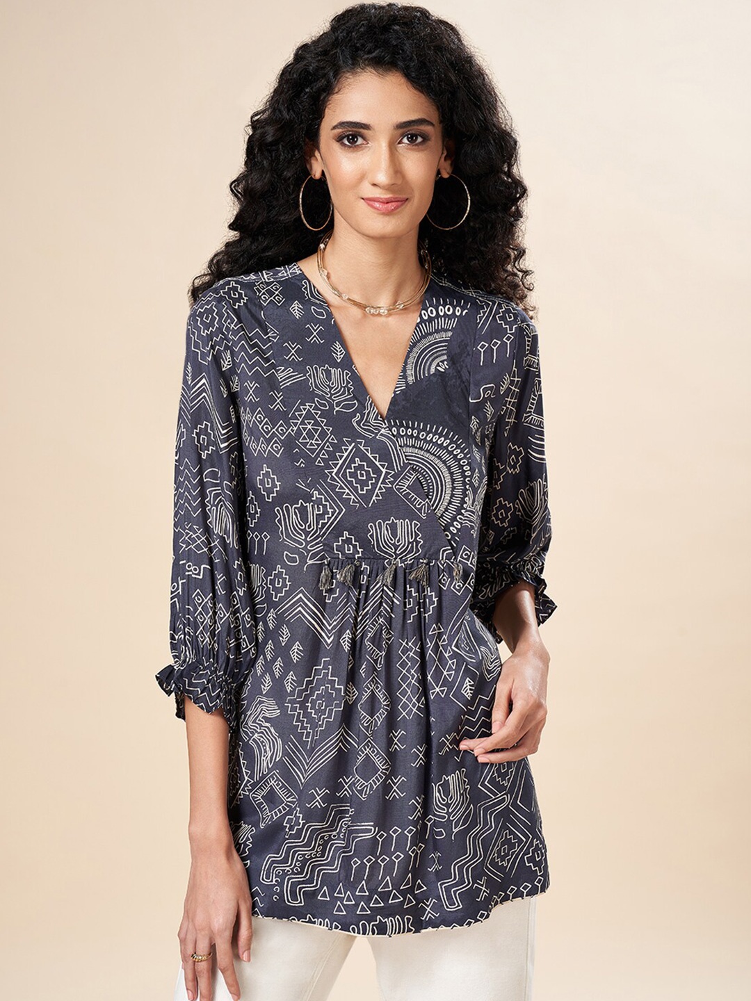 

Marigold Lane Ethnic Motifs Printed Wrap Longline Top, Navy blue