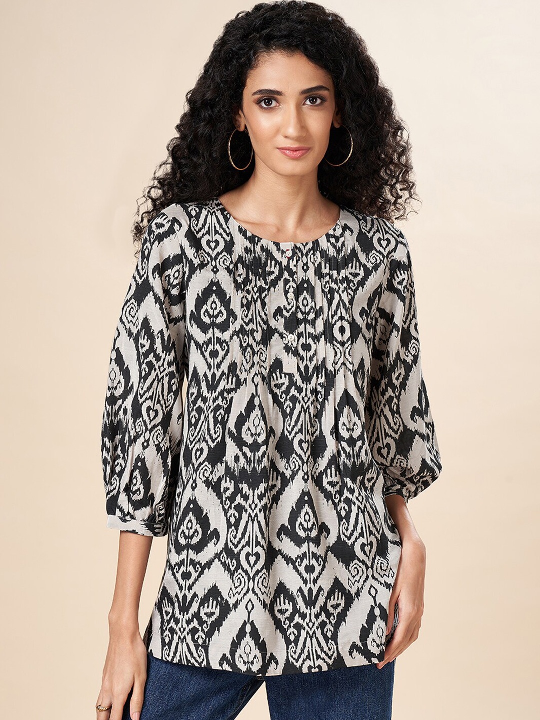 

Marigold Lane Abstract Printed Puff Sleeves Cotton Top, Off white