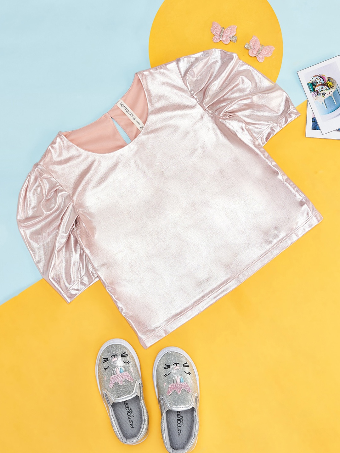 

Pantaloons Junior Girls Puff Sleeves Cotton Top, Rose gold