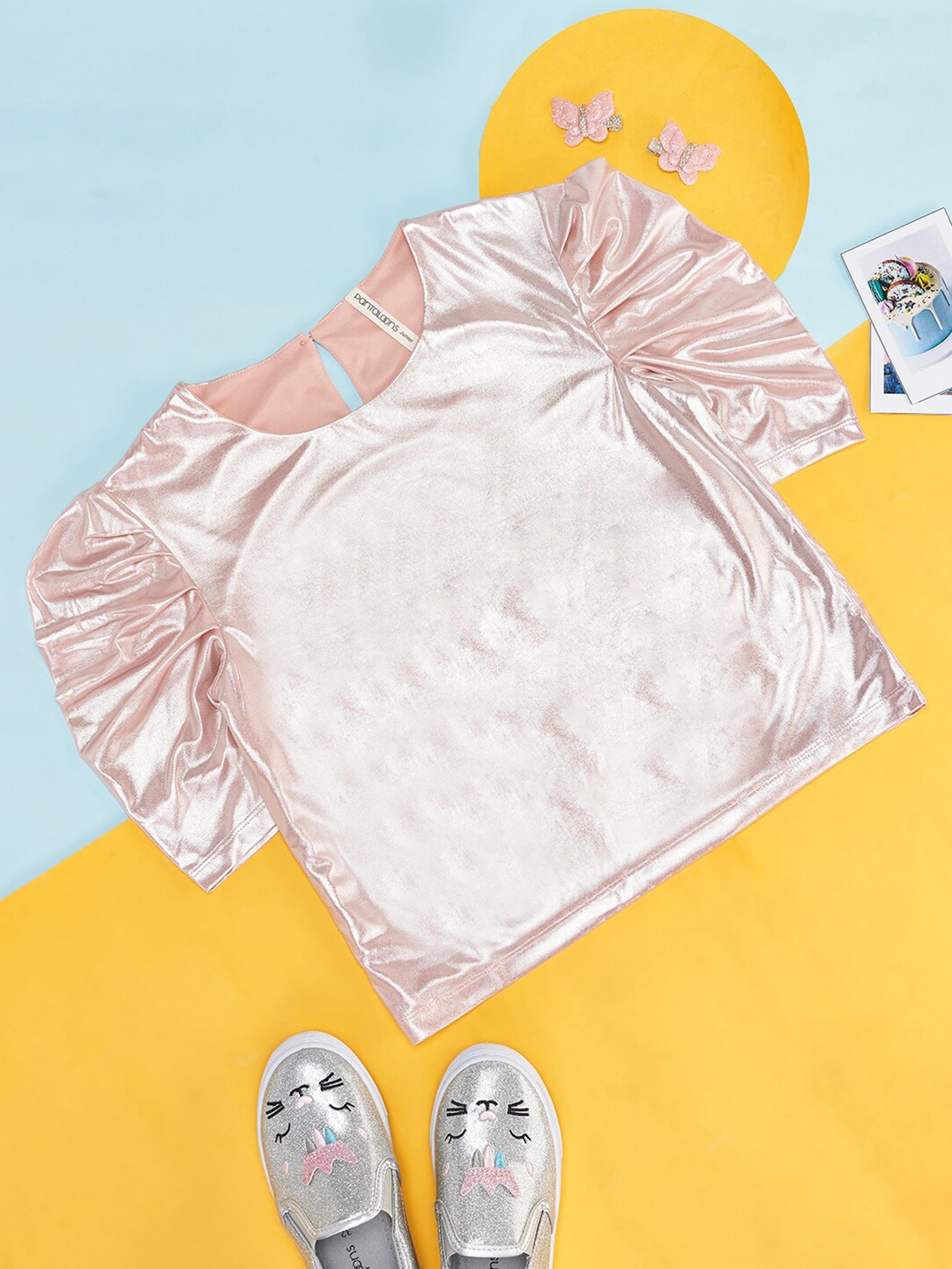 

Pantaloons Junior Girls Puff Sleeves Cotton Top, Rose gold