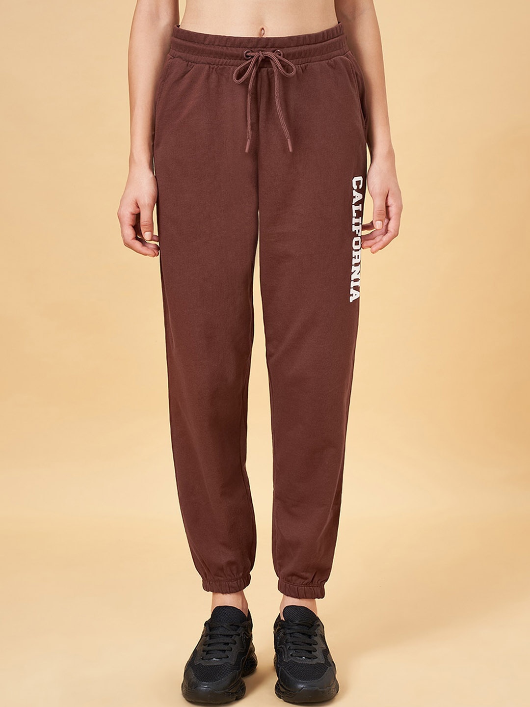 

Ajile by Pantaloons Women Typography Printed Cotton Regular Fit Joggers, Brown