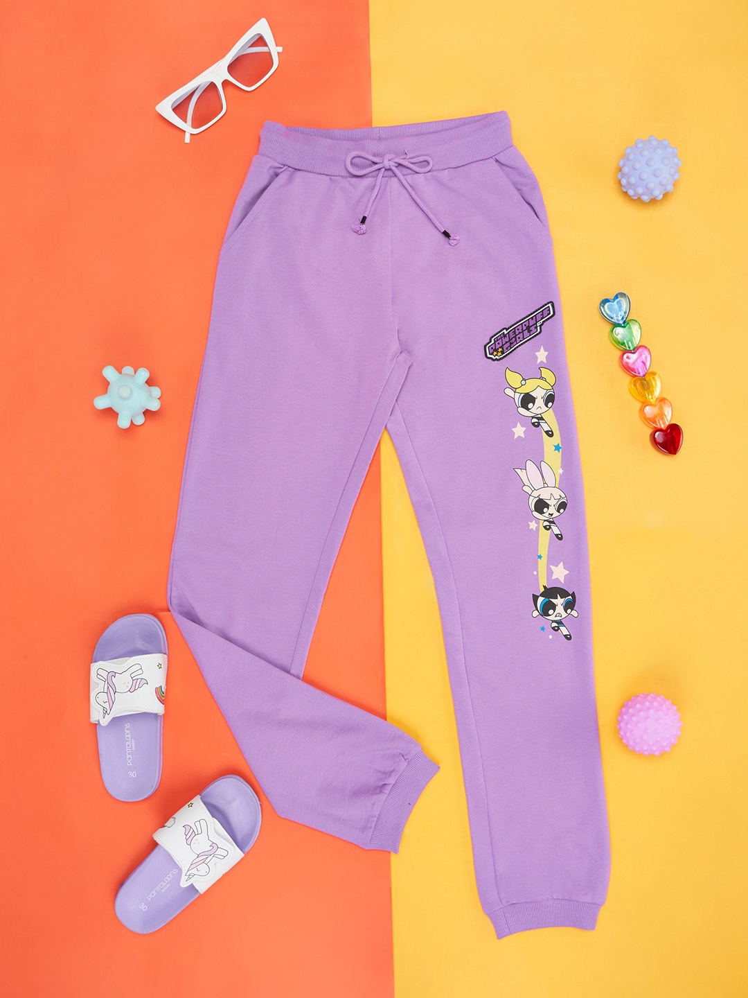 

Pantaloons Junior Girls Powerpuff Girls Printed Mid-Rise Cotton Joggers, Lavender