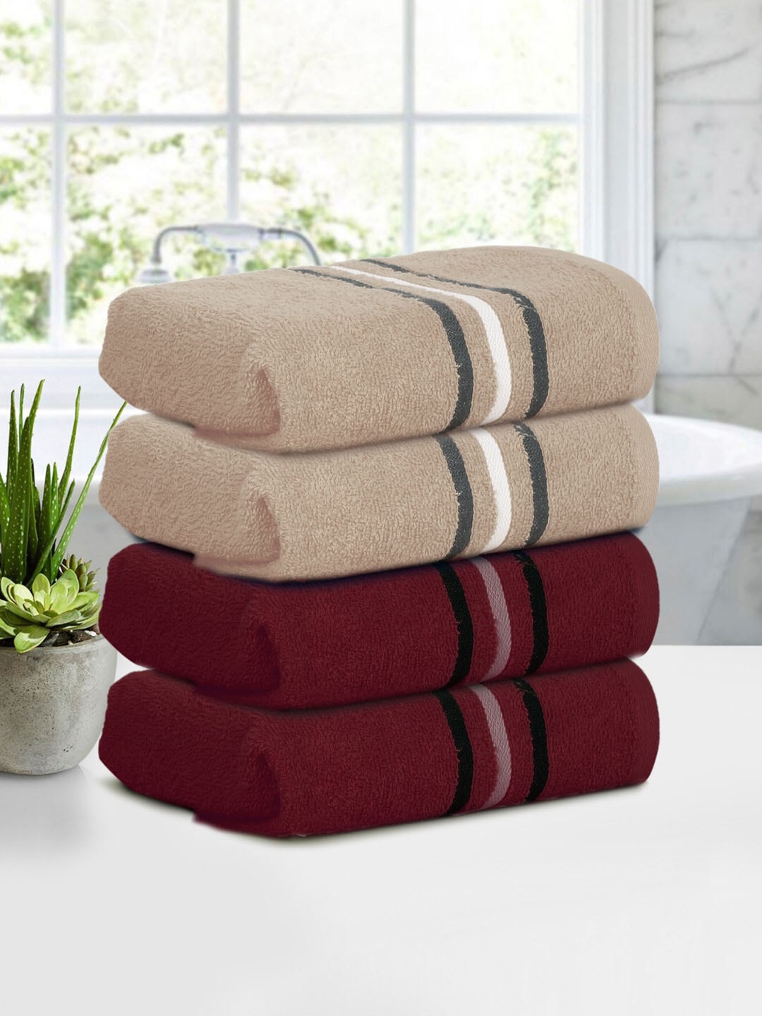 

Cortina Coffee Brown & Maroon 4 Pieces Cotton 380 GSM Hand Towels