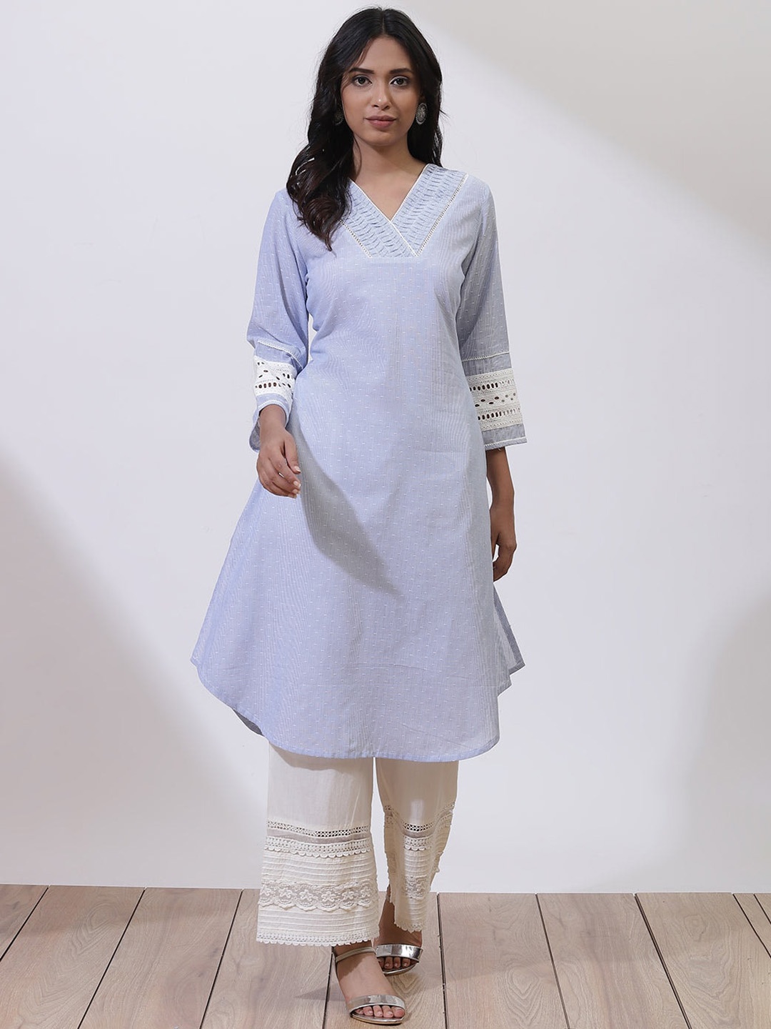 

Lakshita Striped V-Neck Three-quarter A-Line Kurta, Blue