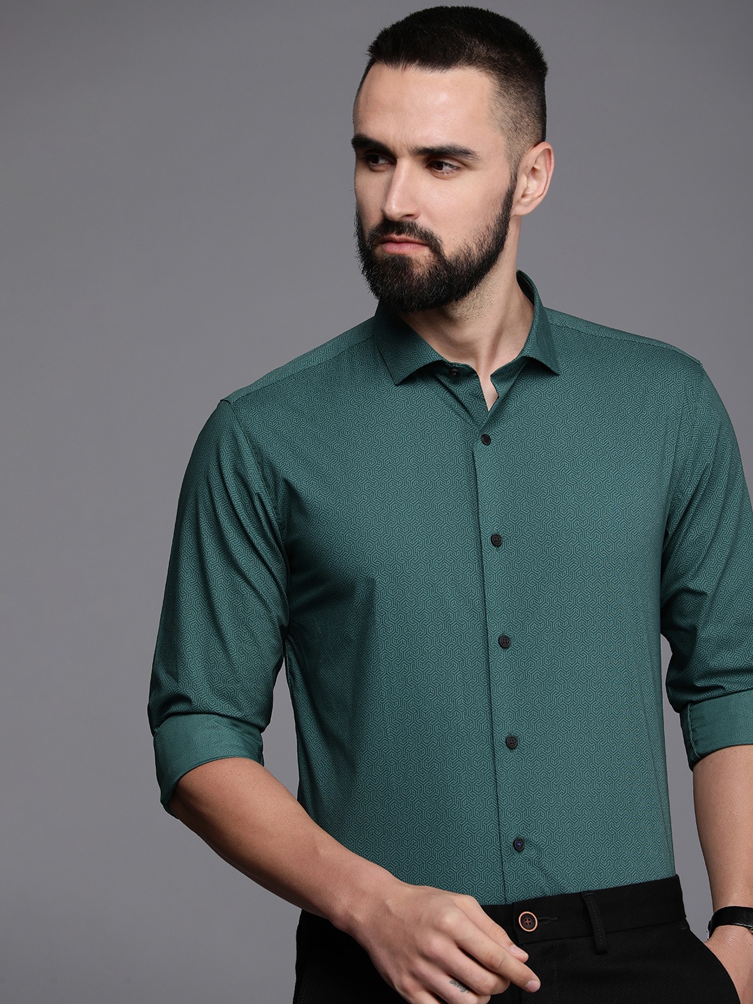 

Louis Philippe Ath.Work Super Slim Fit Geometric Printed Semiformal Shirt, Green