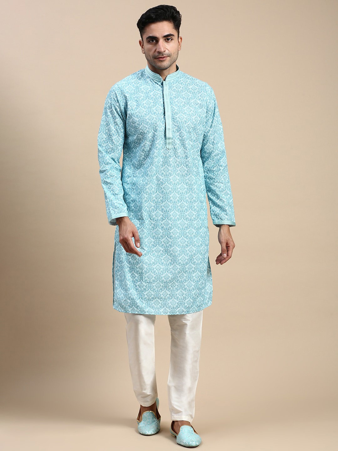 

Rishika Ethnic Motifs Embroidered Mandarin Collar Thread Work Kurta With Pyjamas, Blue