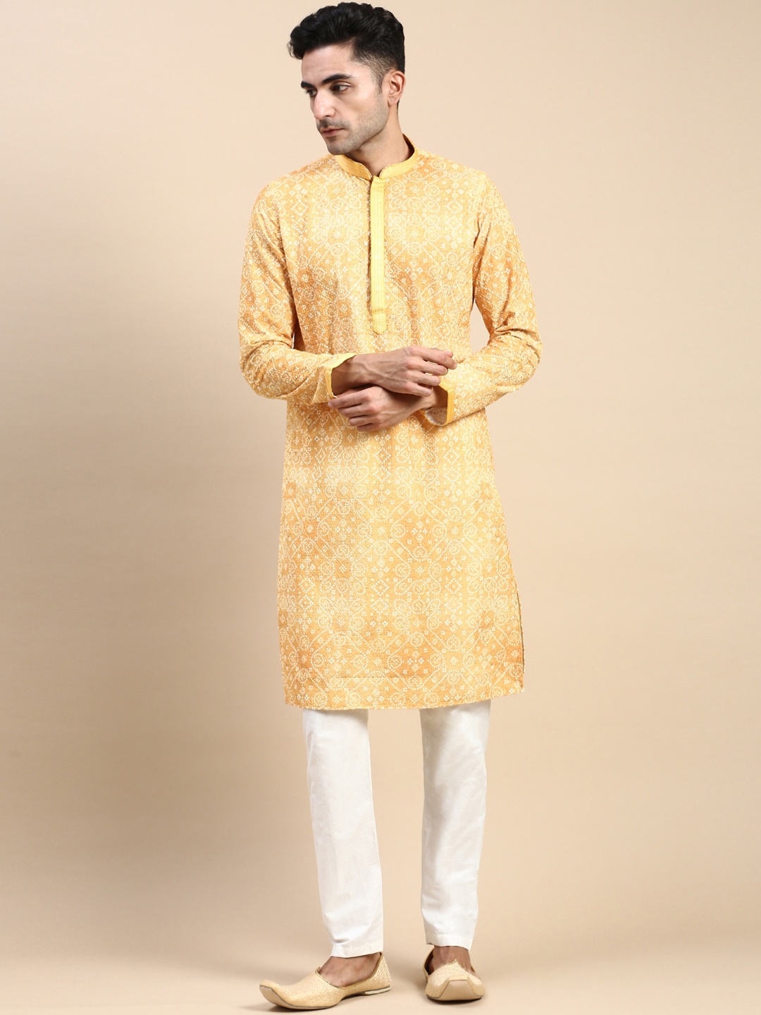 

Rishika Bandhani Printed Thread Work Kurta with Pyjamas, Yellow