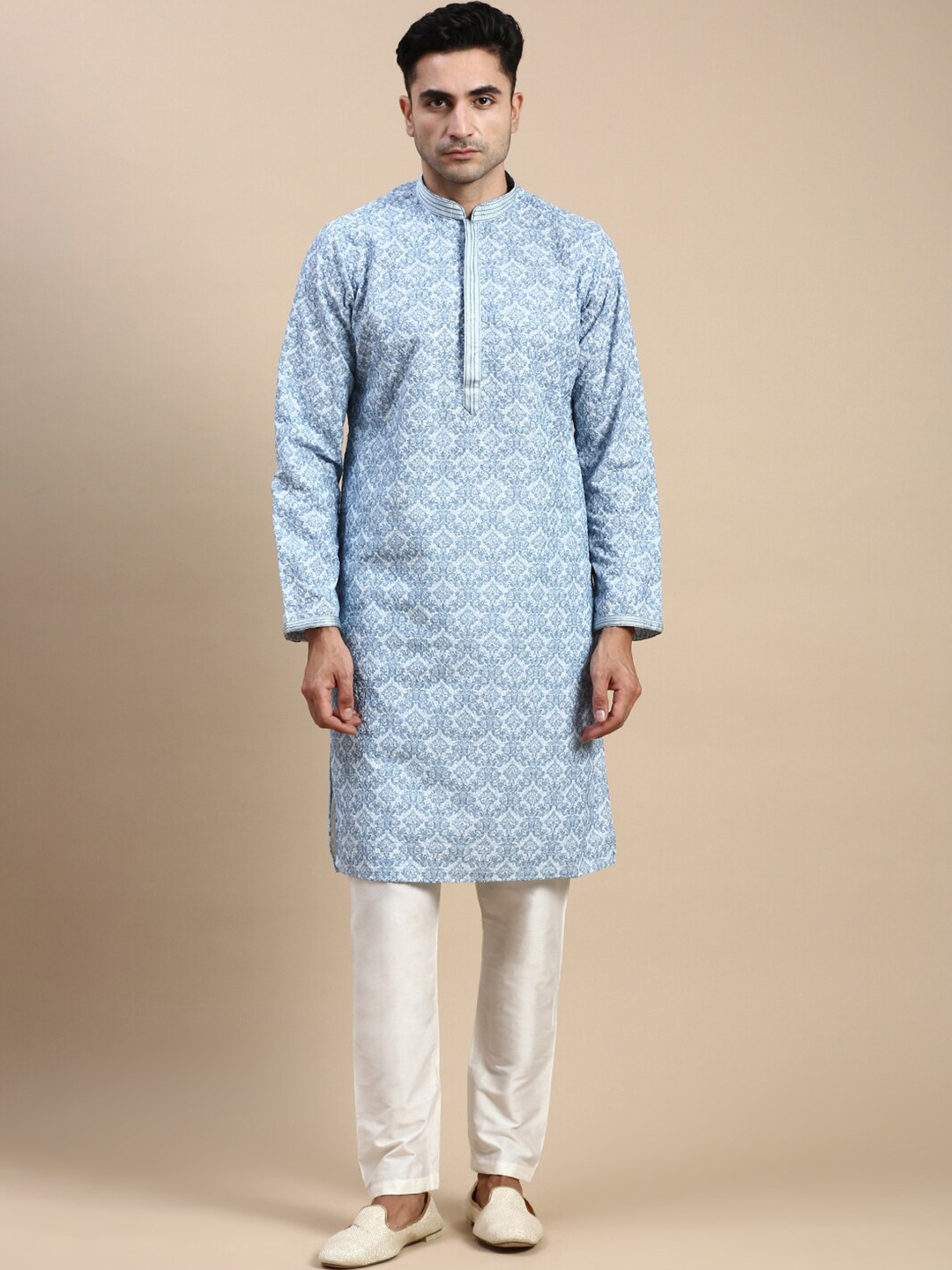 

Rishika Ethnic Motifs Printed Thread Work Mandarin Collar Kurta With Pyjamas, Grey