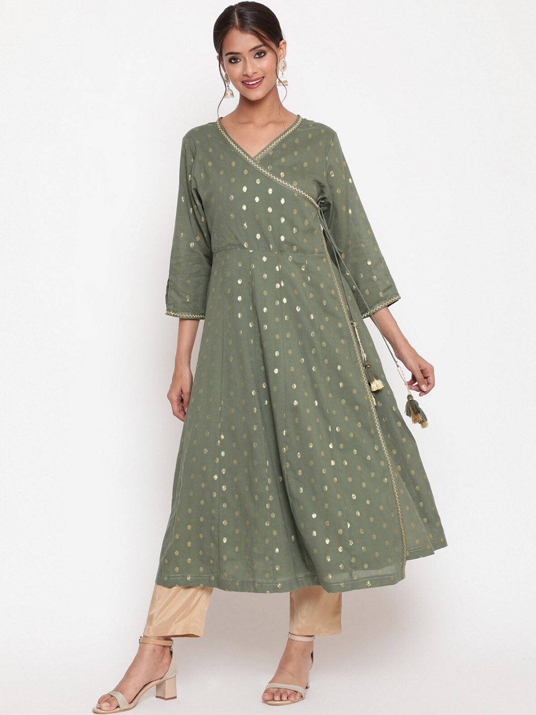 

SAVI Geometric Woven Design V-Neck Cotton Angrakha Kurta, Olive
