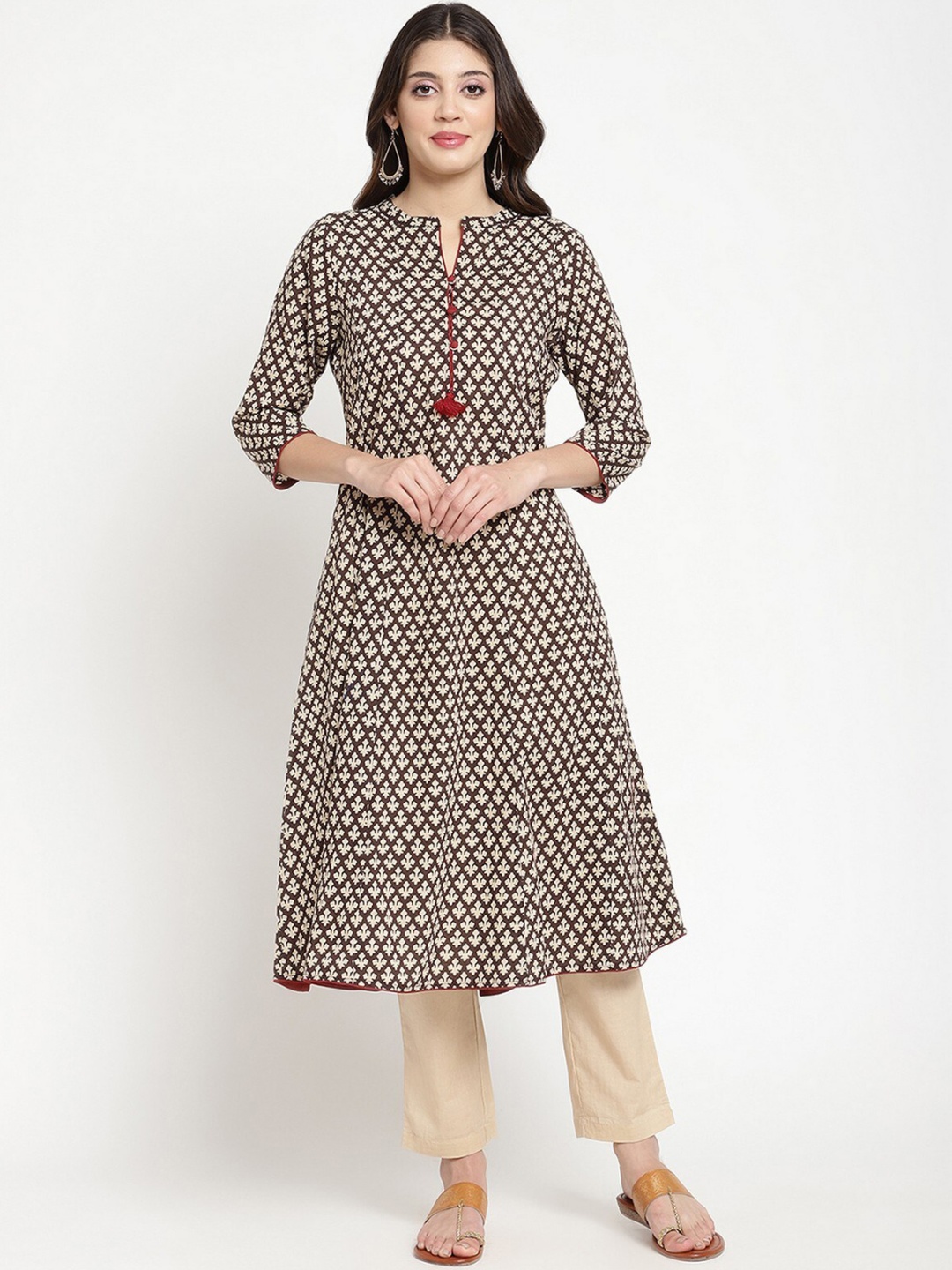 

SAVI Ethnic Motifs Printed Mandarin Collar A-Line Cotton Kurta, Beige