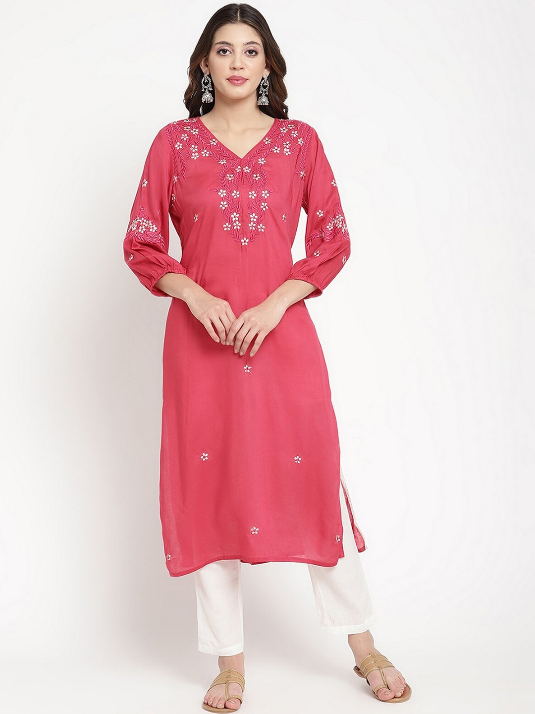 

SAVI Floral Embroidered Kurta, Pink