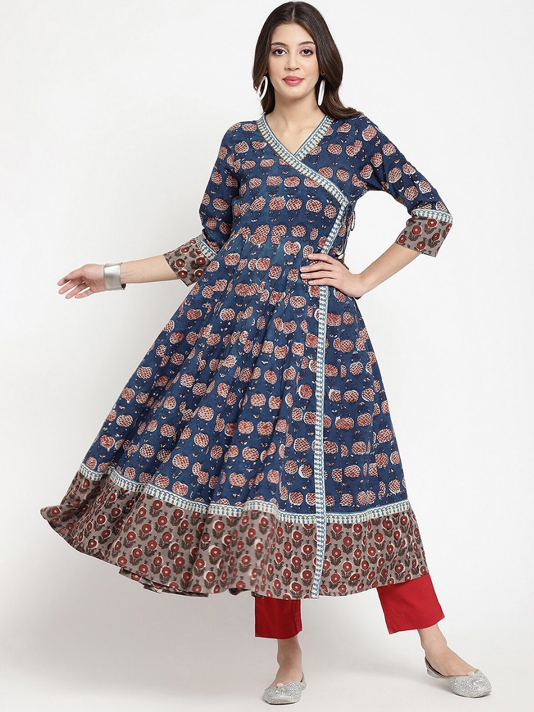 

SAVI Ethnic Motifs Printed Cotton Angrakha Anarkali Kurta, Blue