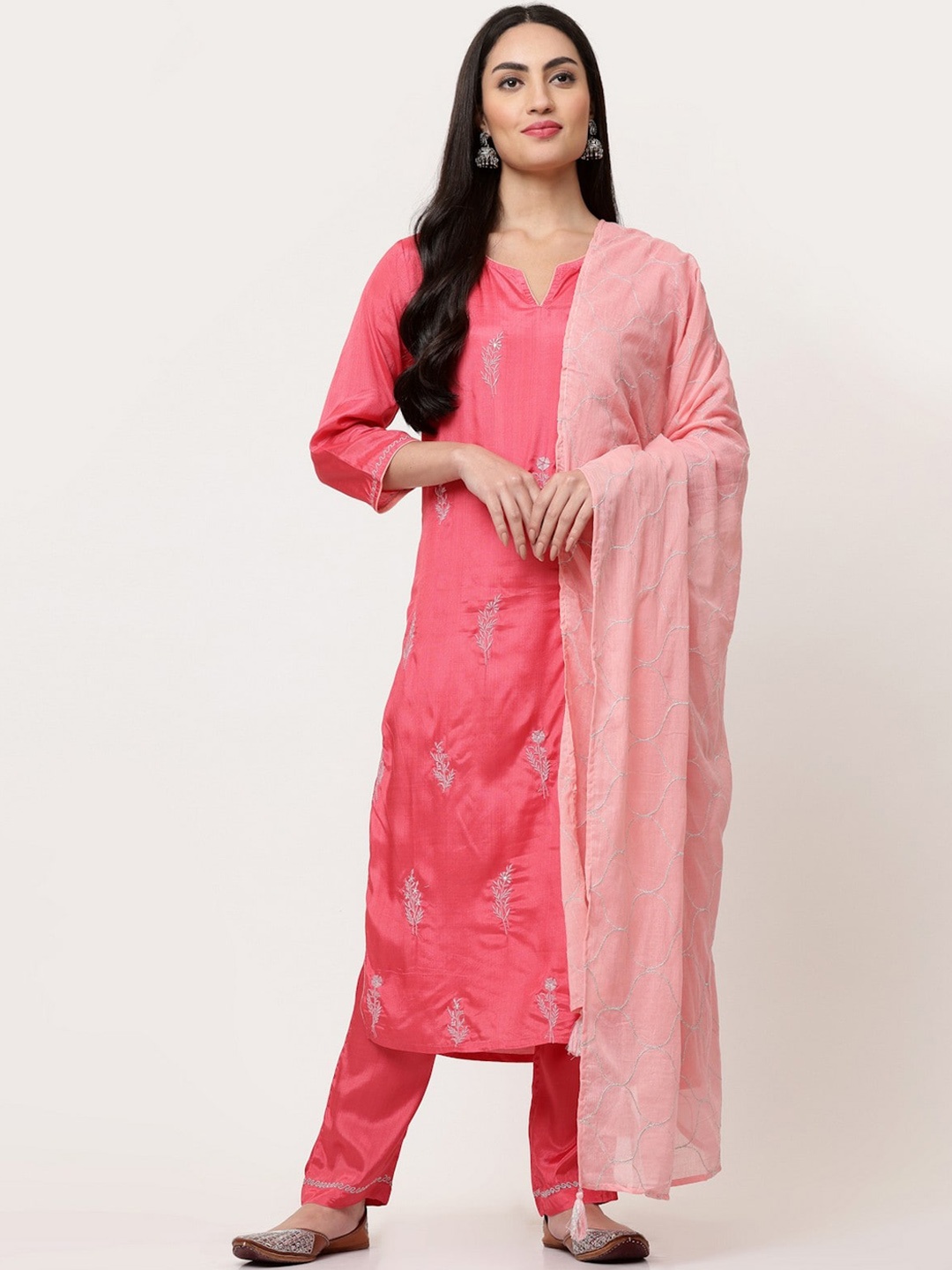 

SAVI Ethnic Motifs Embroidered Thread Work Straight Kurta & Trousers With Dupatta, Pink