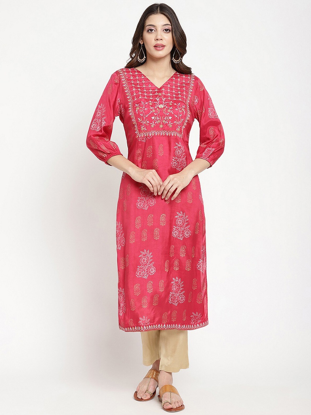 

SAVI Floral Printed Puff Sleeves Thread Work Shantoon Straight Kurta, Pink