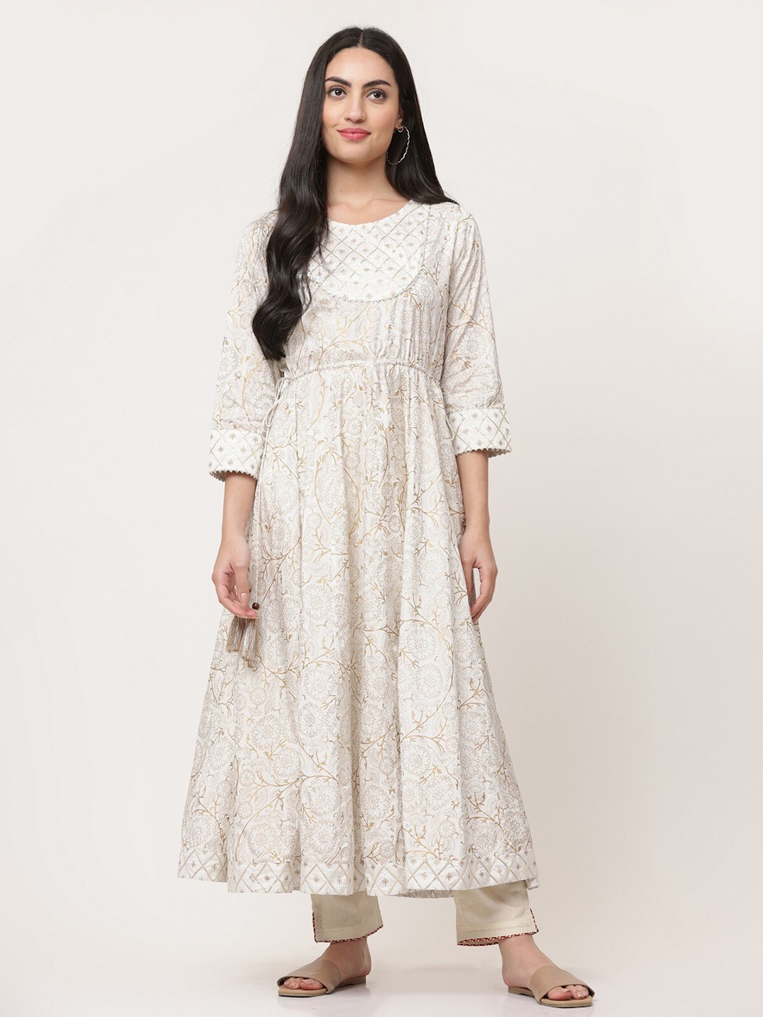 

SAVI Floral Printed Gotta Patti Anarkali Kurta, Off white