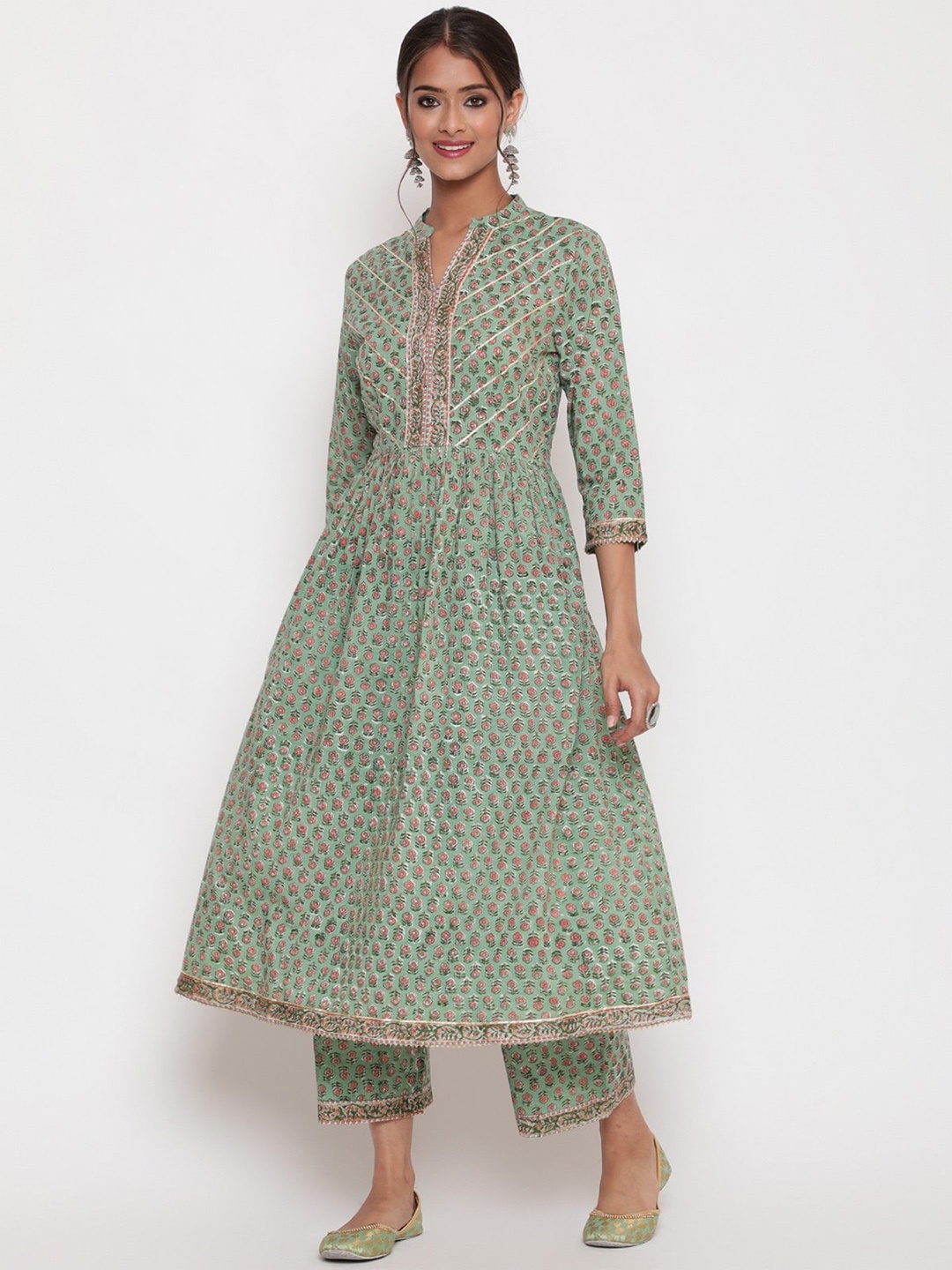 

SAVI Cotton Printed Anarkali Kurta & Trousers Set, Green