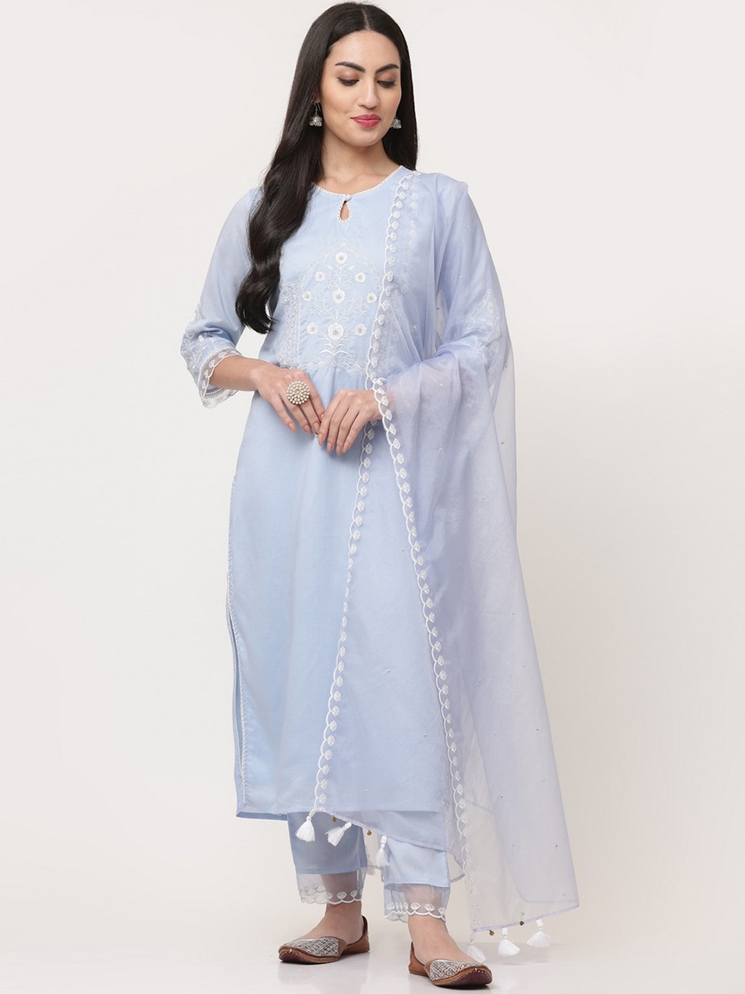 

SAVI Embroidered Kurta & Trousers Set With Dupatta, Blue