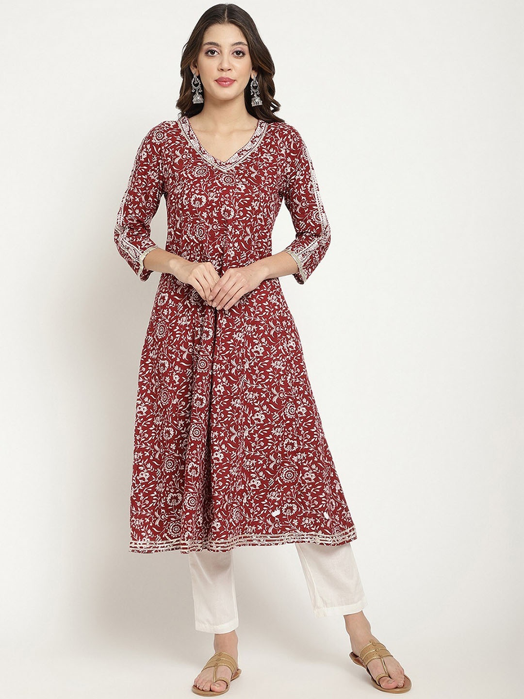 

SAVI Ethnic Motifs Printed Gotta Patti Pure Cotton Anarkali Kurta, Red