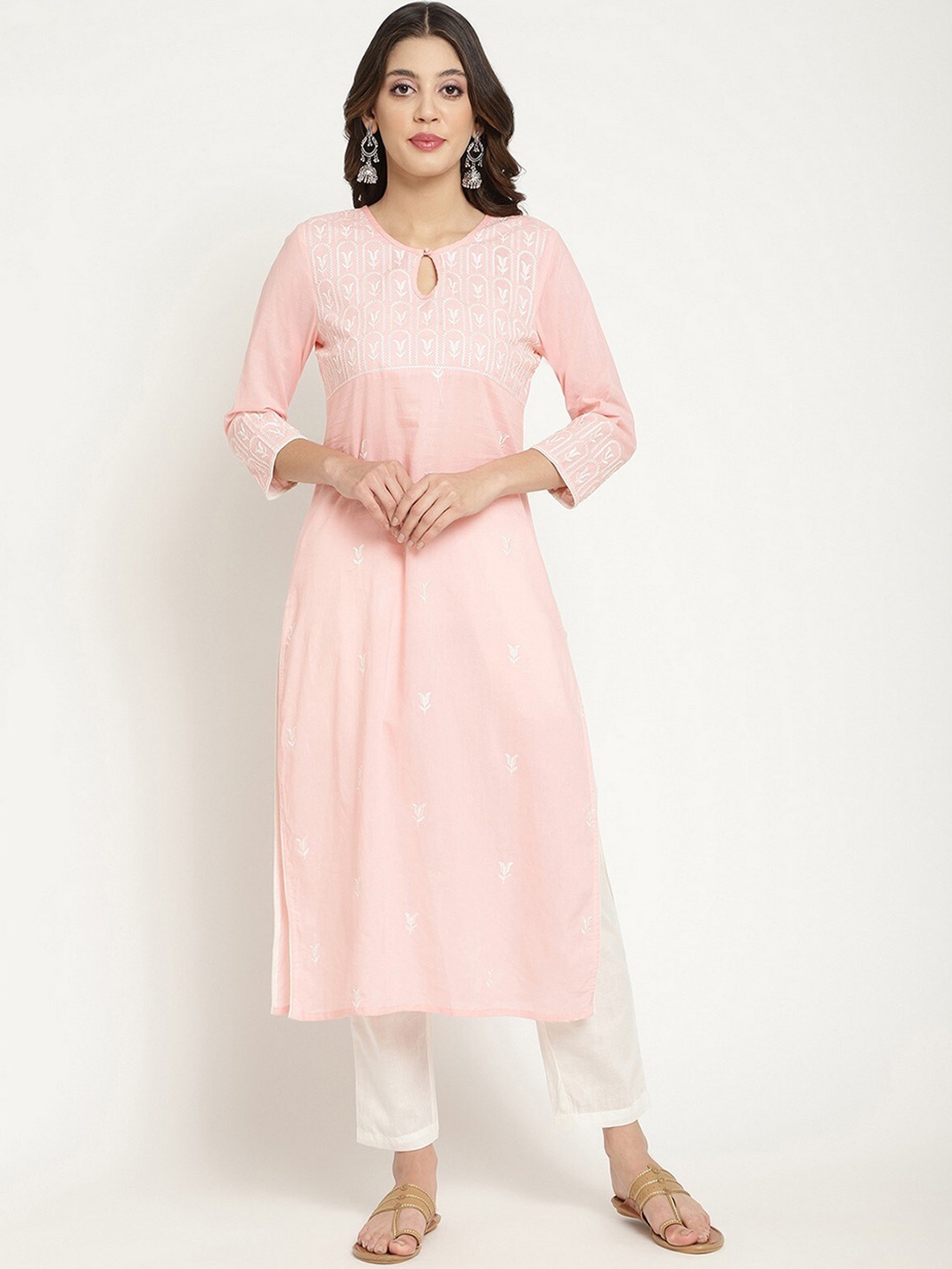 

SAVI Floral Embroidered Keyhole Neck Cotton A-Line Kurta, Pink