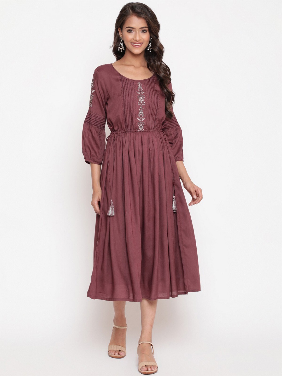 

SAVI Ethnic Motifs Embroidered Puff Sleeve Fit & Flare Midi Dress, Maroon
